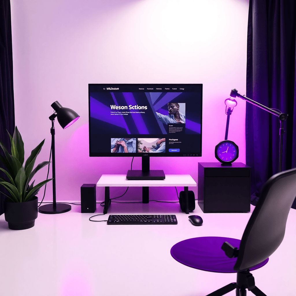 웹 개발 전문가들이 작업 중인 모던한 사무실 공간, 컴퓨터 화면에는 웹사이트와 디자인이 보임